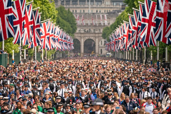 Illustration de la parade militaire "Trooping the Colour" dans le cadre de la célébration du jubilé de platine (70 ans de règne) de la reine Elizabeth II à Londres, le 2 juin 2022. 