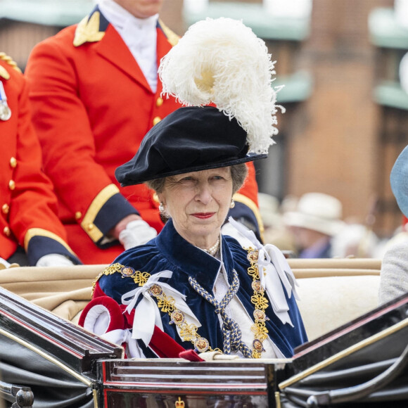 La princesse Anne lors de la cérémonie de l'ordre de la Jarretière à la chapelle Saint-Georges du château de Windsor. Cette année pour la première fois Camilla Parker Bowles, duchesse de Cornouailles, a été investie comme nouveau chevalier de l'ordre de la Jarretière par la reine et a pu participer à la procession au côté du prince Charles. Londres, la 13 juin 2022. 