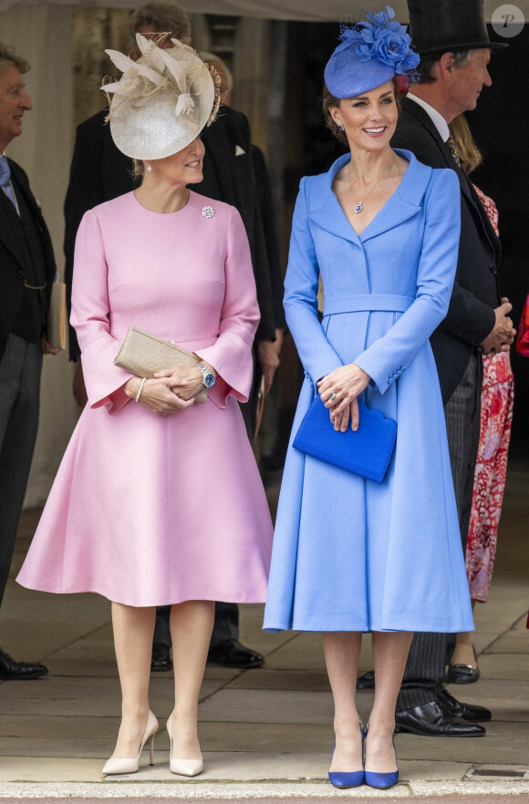 Catherine (Kate) Middleton, duchesse de Cambridge, Sophie Rhys-Jones, comtesse de Wessex, lors de la cérémonie de l'ordre de la Jarretière à la chapelle Saint-Georges du château de Windsor. arretière par la reine et a pu participer à la procession au côté du prince Charles. Londres, le 13 juin 2022. 