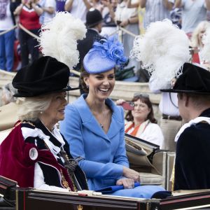 Le prince William, duc de Cambridge, et Catherine (Kate) Middleton, duchesse de Cambridge, le prince Charles, prince de Galles, et Camilla Parker Bowles, duchesse de Cornouailles, lors de la cérémonie de l'ordre de la Jarretière à la chapelle Saint-Georges du château de Windsor.  Londres, la 13 juin 2022. 