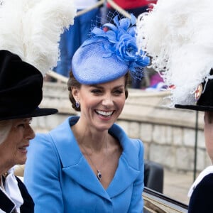 Catherine (Kate) Middleton, duchesse de Cambridge, lors de la cérémonie de l'ordre de la Jarretière à la chapelle Saint-Georges du château de Windsor. Cette année pour la première fois Camilla Parker Bowles, duchesse de Cornouailles, a été investie comme nouveau chevalier de l'ordre de la Jarretière par la reine et a pu participer à la procession au côté du prince Charles. Londres, la 13 juin 2022. 