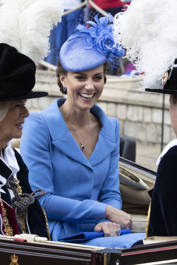Catherine (Kate) Middleton, duchesse de Cambridge, lors de la cérémonie de l'ordre de la Jarretière à la chapelle Saint-Georges du château de Windsor. Cette année pour la première fois Camilla Parker Bowles, duchesse de Cornouailles, a été investie comme nouveau chevalier de l'ordre de la Jarretière par la reine et a pu participer à la procession au côté du prince Charles. Londres, la 13 juin 2022. 