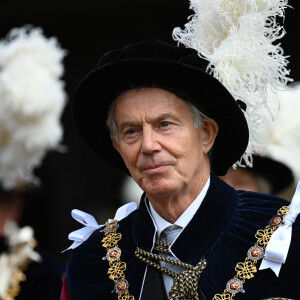 Tony Blair lors de la cérémonie de l'ordre de la Jarretière à la chapelle Saint-Georges du château de Windsor. Cette année pour la première fois Camilla Parker Bowles, duchesse de Cornouailles, a été investie comme nouveau chevalier de l'ordre de la Jarretière par la reine et a pu participer à la procession au côté du prince Charles. Londres, la 13 juin 2022. 