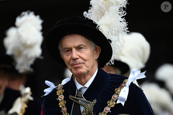 Tony Blair lors de la cérémonie de l'ordre de la Jarretière à la chapelle Saint-Georges du château de Windsor. Cette année pour la première fois Camilla Parker Bowles, duchesse de Cornouailles, a été investie comme nouveau chevalier de l'ordre de la Jarretière par la reine et a pu participer à la procession au côté du prince Charles. Londres, la 13 juin 2022. 