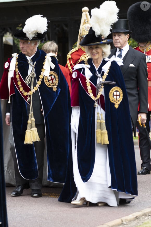 Le prince Charles, prince de Galles, et Camilla Parker Bowles, duchesse de Cornouailles, lors de la cérémonie de l'ordre de la Jarretière à la chapelle Saint-Georges du château de Windsor. Londres, la 13 juin 2022. 