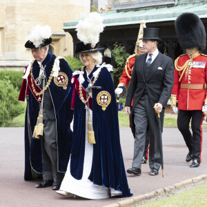 Le prince Charles, prince de Galles, et Camilla Parker Bowles, duchesse de Cornouailles, lors de la cérémonie de l'ordre de la Jarretière à la chapelle Saint-Georges du château de Windsor.  Londres, 13 juin 2022. 