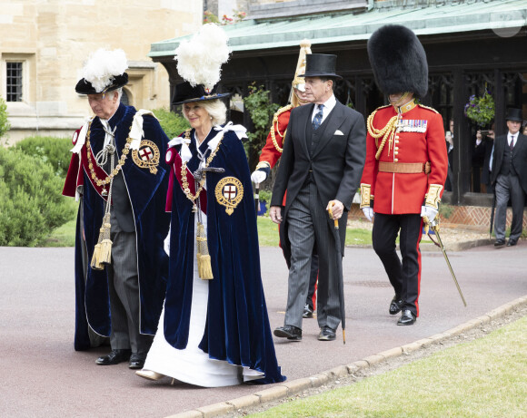 Le prince Charles, prince de Galles, et Camilla Parker Bowles, duchesse de Cornouailles, lors de la cérémonie de l'ordre de la Jarretière à la chapelle Saint-Georges du château de Windsor.  Londres, 13 juin 2022. 