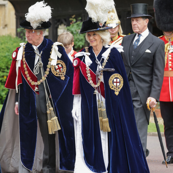 Le prince Charles, prince de Galles, et Camilla Parker Bowles, duchesse de Cornouailles, lors du service annuel de l'Ordre de la jarretière à la chapelle Saint-Georges du château de Windsor, Royaume Uni, le 13 juin 2022. 