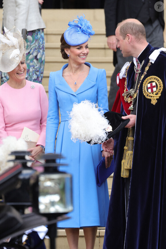 Sophie Rhys-Jones, comtesse de Wessex, le prince William, duc de Cambridge, et Catherine (Kate) Middleton, duchesse de Cambridge,lors du service annuel de l'Ordre de la jarretière à la chapelle Saint-Georges du château de Windsor, Royaume Uni, le 13 juin 2022. 