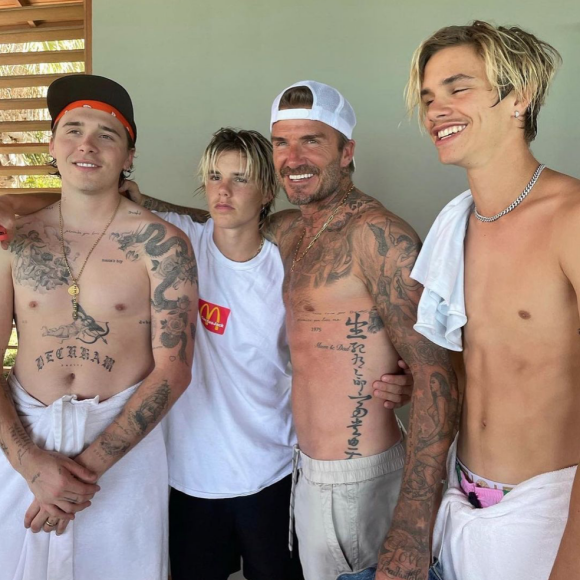 David Beckham et ses fils Brooklyn, Cruz et Romeo. Avril 2021.