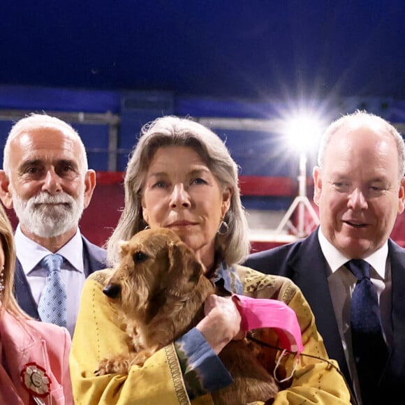 Exclusif - La princesse Caroline de Hanovre, le prince Albert II de Monaco durant l'exposition Canine Internationale de Monaco sous le chapiteau Fontvieille, le 8 mai 2022.