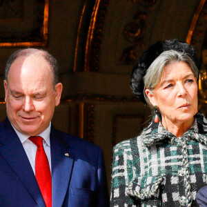 Le prince Albert II de Monaco, ses enfants, la princesse Gabriella et le prince héréditaire Jacques et la princesse Caroline de Hanovre durant la célébration de la traditionnelle fête de la Sainte Dévote à Monaco, le 27 janvier 2022. © Claudia Albuquerque/Bestimage