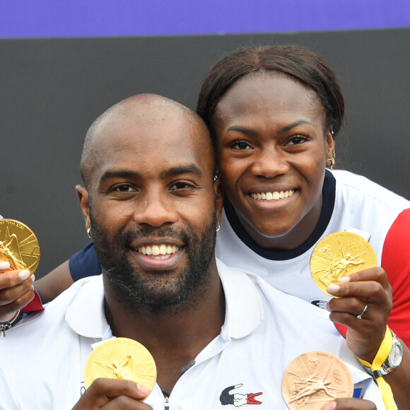 Teddy Riner, Clarisse Agbegnenou - Teddy Riner et l'équipe de France de Judo médaillée des jeux olympiques de Tokyo célébrés au Trocadéro à Paris, le 2 août 2021. © Veeren/Bestimage