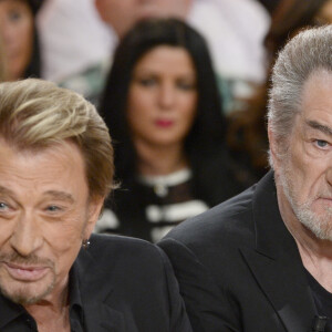 Johnny Hallyday et Eddy Mitchell - Enregistrement de l'émission "Vivement Dimanche" à Paris le 14 mars 2014. L'émission sera diffusée ce dimanche 16 Mars.