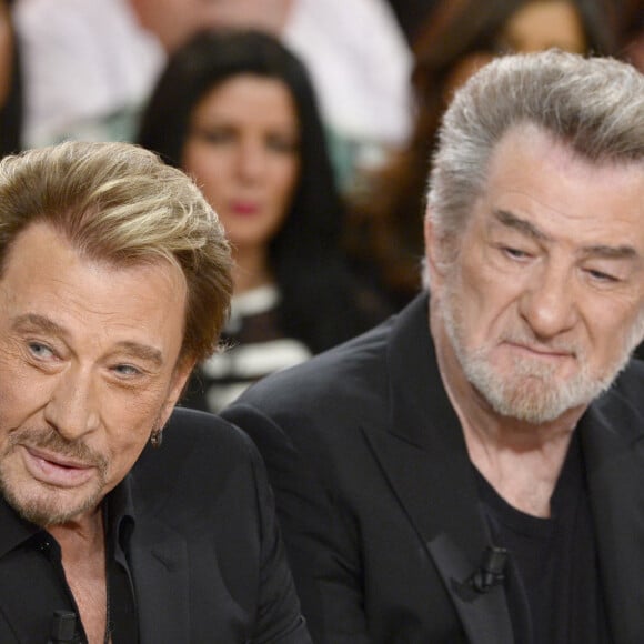 Johnny Hallyday et Eddy Mitchell - Enregistrement de l'émission "Vivement Dimanche" à Paris le 14 mars 2014. L'émission sera diffusée ce dimanche 16 Mars.