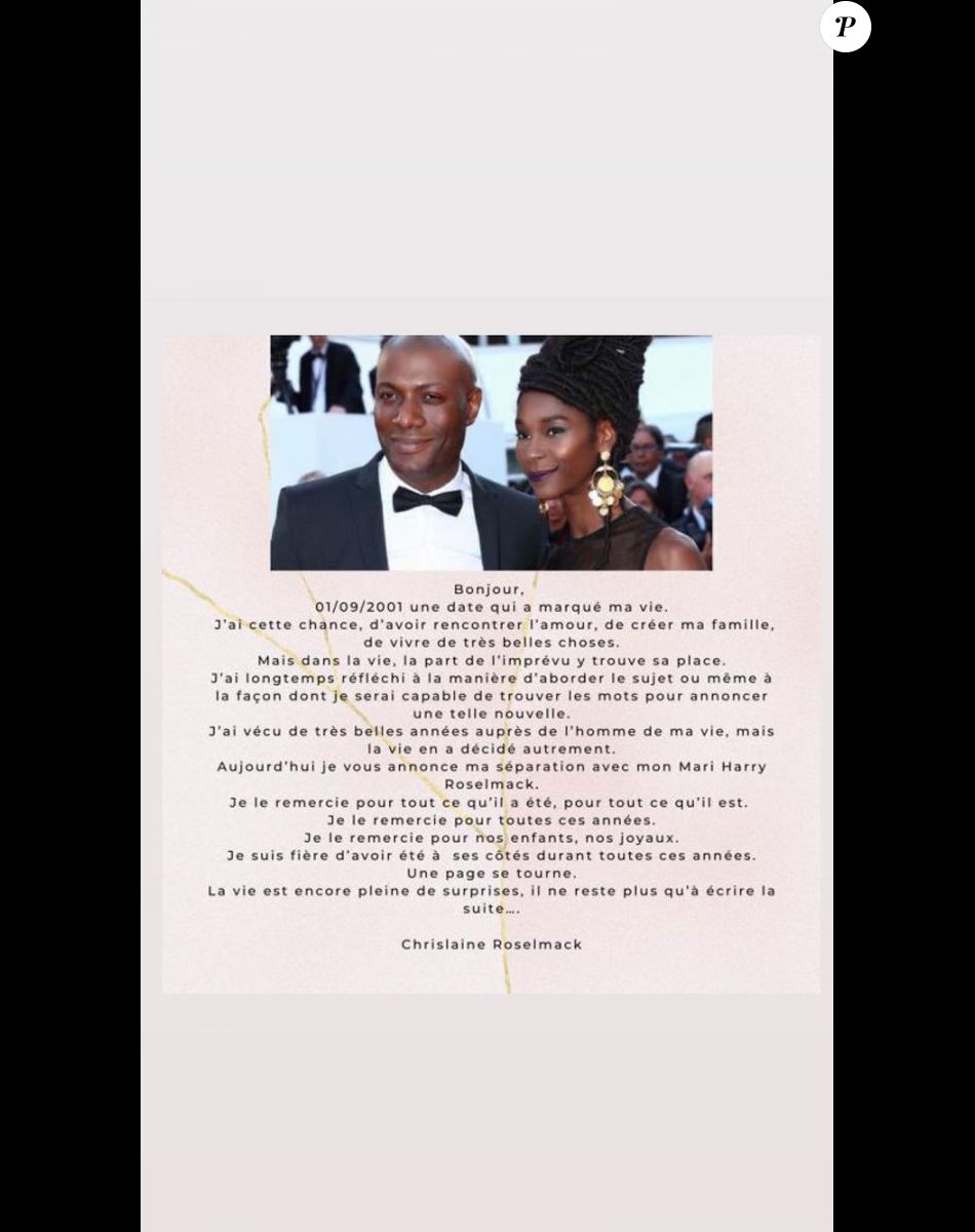 Chrislaine Roselmack annonce sa rupture avec son mari Harry Roselmack sur Instagram.