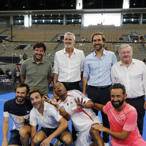 Sébastien Grosjean, Gilles Moreton,Arnaud Di Pasquale, Guest, Benjamin Tison,Arnaud Clément,Sylvain Wiltord, Cyril Hanouna - Rencontre d'exhibition sur le central de Roland-Garros, Cyril Hanouna et Benjamin Tison contre Arnaud Clément et Sylvain Wiltord lors du premier Padel Major organisé par la Fédération Française de Tennis en collaboration avec Qatar Sports Investments (QSI) et sous la gouvernance de la Fédération International de Padel (FIP) à Paris le 17 juillet 2022. © Marc Ausset-Lacroix/Bestimage