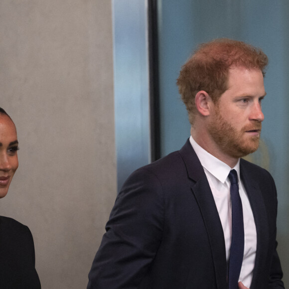 Le prince Harry, duc de Sussex et Meghan Markle, duchesse de Sussex, lors de la célébration du "Nelson Mandela International Day" au siège de l'ONU à New York. Le Prix Nelson Mandela des Nations Unies 2020 a été décerné à Mme Marianna V. Vardinoyannis de Grèce et au Dr Morissanda Kouyate de Guinée. New York, le 18 juillet 2022. 