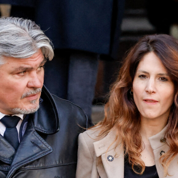 David Douillet et sa femme Vanessa - Sorties des obsèques de Jean-Pierre Pernaut en la Basilique Sainte-Clotilde à Paris le 9 mars 2022. © Cyril Moreau/Bestimage