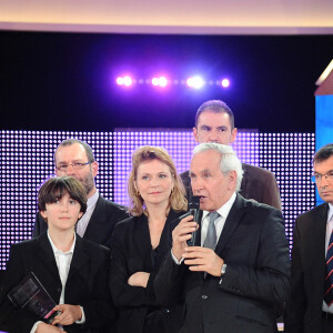 Bertrand Renard, Laurent Romejko, Patrice Lafont et Arielle Boulin-Prat enregistrement de l'émission anniversaire des 40 ans de "Des chiffres et des lettres" © Guillaume Gaffiot /Bestimage