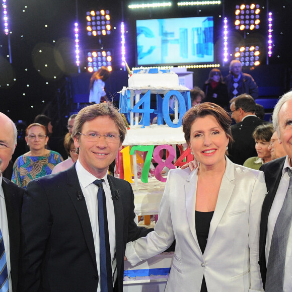 Bertrand Renard, Laurent Romejko, Patrice Lafont et Arielle Boulin-Prat enregistrement de l'émission anniversaire des 40 ans de "Des chiffres et des lettres" © Guillaume Gaffiot /Bestimage