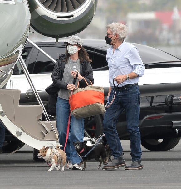Exclusif - Harrison Ford et Calista Flockhart sortent de leur jet privé avec leurs animaux de compagnie à Los Angeles, Californie, Etats-Unis, le 13 avril 2021.