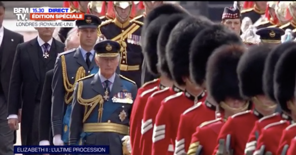 Procession organisée en l'honneur d'Elizabeth II, déplacée du palais de Buckingham jusqu'à Westminster Hall. Le 14 septembre 2022.