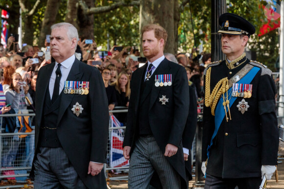 Le prince Andrew, duc d'York, le prince Harry et le prince Edward, duc de Wessex - Procession cérémonielle du cercueil de la reine Elisabeth II du palais de Buckingham à Westminster Hall à Londres le 14 septembre 2022. © Photoshot / Panoramic / Bestimage 