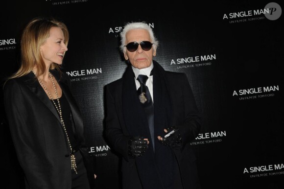 Delphine Arnault et Karl Lagerfeld à la première du film A Single Man, sur les Champs Elysées, à Paris. 9/02/2010
