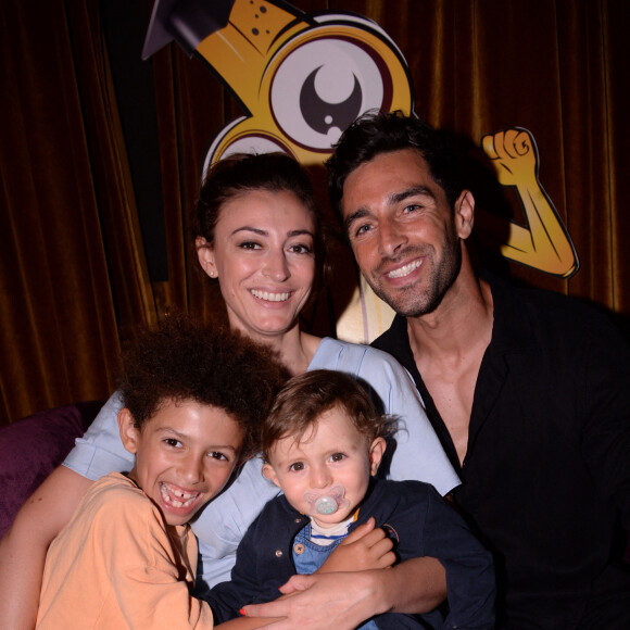 Rachel Legrain-Trapani (Miss France 2007), son compagnon Valentin Leonard et leurs fils Gianni et Andréa lors de la soirée de lancement de l'application Nanaba à l'hôtel Barrière Le Fouquet's de Paris, France, le 18 juin 2021. © Rachid Bellak/Bestimage