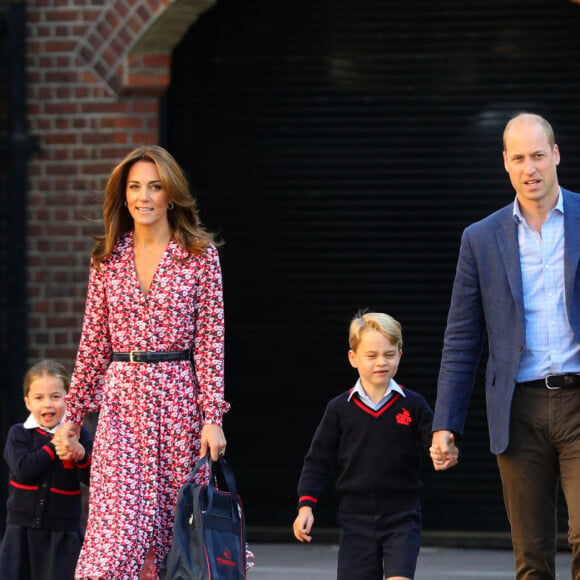 Le prince William, duc de Cambridge, et Catherine (Kate) Middleton, duchesse de Cambridge, accompagnent le prince George et la princesse Charlotte pour leur rentrée scolaire à l'école Thomas's Battersea à Londres, Royaume Uni, le 5 septembre 2019. 