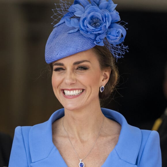 Catherine (Kate) Middleton, duchesse de Cambridge, lors de la cérémonie de l'ordre de la Jarretière à la chapelle Saint-Georges du château de Windsor. Cette année pour la première fois Camilla Parker Bowles, duchesse de Cornouailles, a été investie comme nouveau chevalier de l'ordre de la Jarretière par la reine et a pu participer à la procession au côté du prince Charles. Londres, la 13 juin 2022. 