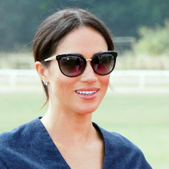 Meghan Markle, la Duchesse de Sussex arrive à la Royal Berkshire Polo Cup où le Duc participe aujourd'hui à la Coupe ISP Hanz de Sentebale à Windsor au Royaume-Uni, le 26 juillet 2018. 