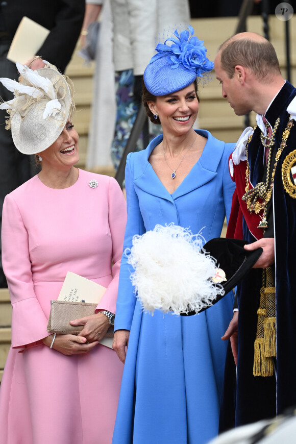 Le prince William, duc de Cambridge, Catherine (Kate) Middleton, duchesse de Cambridge, Sophie Rhys-Jones, comtesse de Wessex, lors de la cérémonie de l'ordre de la Jarretière à la chapelle Saint-Georges du château de Windsor. Cette année pour la première fois Camilla Parker Bowles, duchesse de Cornouailles, a été investie comme nouveau chevalier de l'ordre de la Jarretière par la reine et a pu participer à la procession au côté du prince Charles. Londres, la 13 juin 2022. 