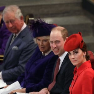 La reine Elisabeth II d'Angleterre, Le prince Charles, prince de Galles,Camilla Parker Bowles, duchesse de Cornouailles, Le prince William, duc de Cambridge, Catherine (Kate) Middleton, duchesse de Cambridge - La famille royale britannique à la messe en l'honneur de la journée du Commonwealth à l'abbaye de Westminster à Londres, Royaume Uni.