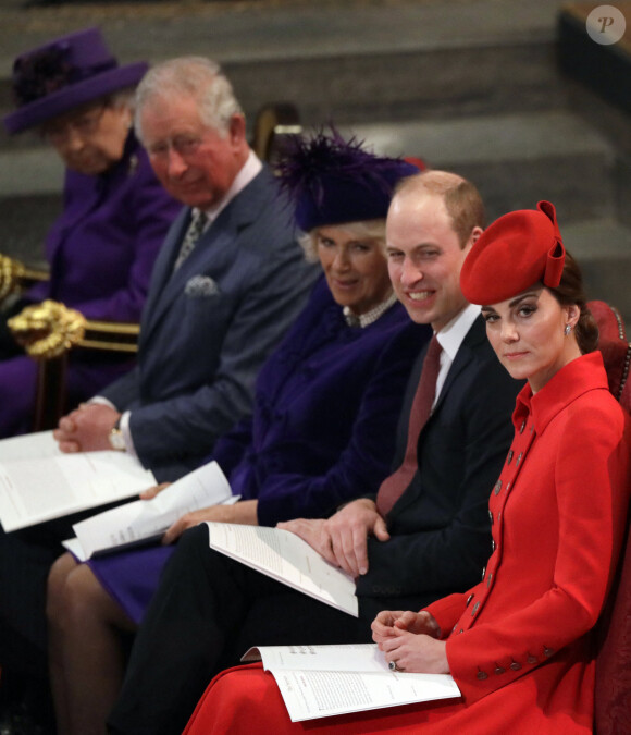 La reine Elisabeth II d'Angleterre, Le prince Charles, prince de Galles,Camilla Parker Bowles, duchesse de Cornouailles, Le prince William, duc de Cambridge, Catherine (Kate) Middleton, duchesse de Cambridge - La famille royale britannique à la messe en l'honneur de la journée du Commonwealth à l'abbaye de Westminster à Londres, Royaume Uni.