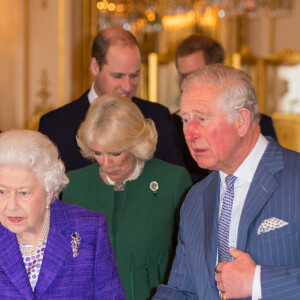 Le prince William, duc de Cambridge, Kate Catherine Middleton, duchesse de Cambridge, Camilla Parker Bowles, duchesse de Cornouailles, la reine Elisabeth II et le prince Charles - La famille royale d'Angleterre lors de la réception pour les 50 ans de l'investiture du prince de Galles au palais Buckingham à Londres. Le 5 mars 2019 