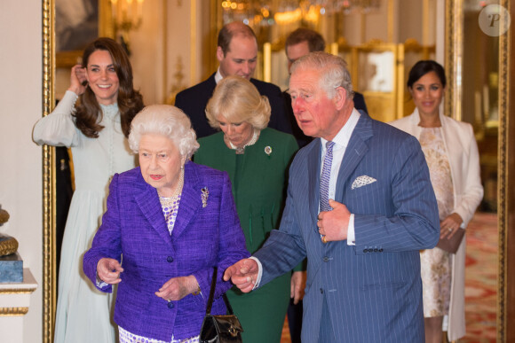 Le prince William, duc de Cambridge, Kate Catherine Middleton, duchesse de Cambridge, Camilla Parker Bowles, duchesse de Cornouailles, la reine Elisabeth II et le prince Charles - La famille royale d'Angleterre lors de la réception pour les 50 ans de l'investiture du prince de Galles au palais Buckingham à Londres. Le 5 mars 2019 