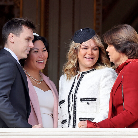 Louis Ducruet et sa femme Marie Chevallier, Camille Gottlieb et la princesse Stéphanie de Monaco - La famille princière au balcon du palais lors de la Fête Nationale de la principauté de Monaco