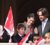 Charlotte Casiraghi, Dimitri Rassam, Raphaël Elmaleh, Balthazar Rassam - La famille princière au balcon du palais lors de la Fête Nationale de la principauté de Monaco