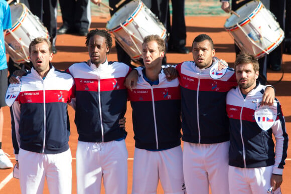 Julien Benneteau, Gaël Monfils, Richard Gasquet, Jo-Wilfried Tsonga et Arnaud Clement - Demi-finale de la Coupe Davis à Roland Garros. Le 12 septembre 2014