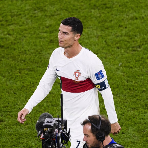 Les larmes de Cristiano Ronaldo après la défaite de l'équipe du Portugal face au Maroc (1-0) en quarts de finale de la Coupe du Monde 2022 au Qatar (FIFA World Cup Qatar 2022), le 10 décembre 2022. 