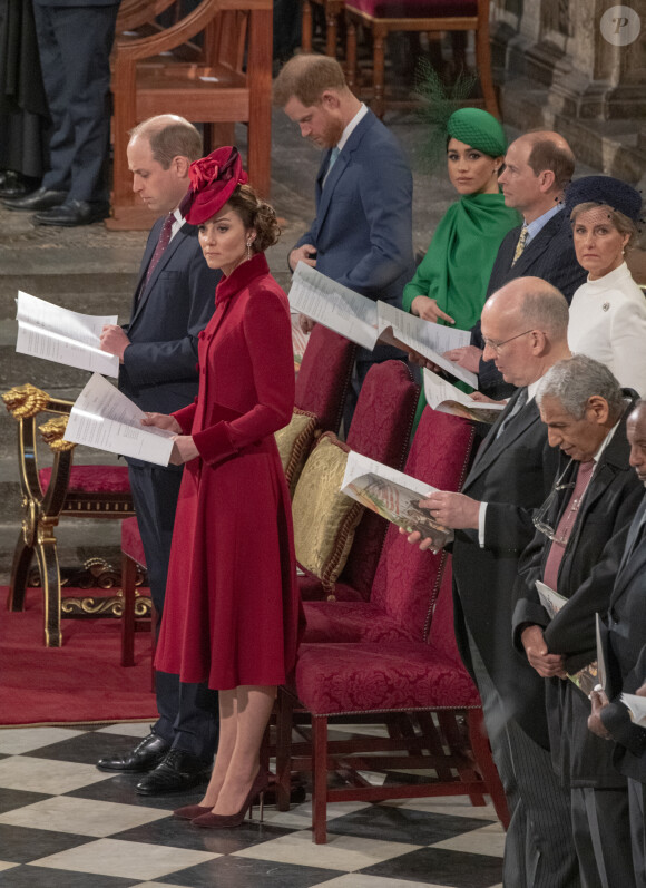 Le prince William, duc de Cambridge, et Catherine (Kate) Middleton, duchesse de Cambridge, Le prince Harry, duc de Sussex, Meghan Markle, duchesse de Sussex - La famille royale d'Angleterre lors de la cérémonie du Commonwealth en l'abbaye de Westminster à Londres le 9 mars 2020. 