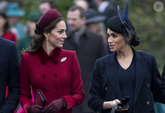 Catherine Kate Middleton, la duchesse de Cambridge et Meghan Markle, la duchesse de Sussex enceinte - La famille royale britannique se rend à la messe de Noël à l'église Sainte-Marie-Madeleine à Sandringham, le 25 décembre 2018. 