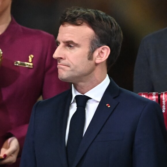 Le président Emmanuel Macron lors de la finale " Argentine - France " de la Coupe du Monde 2022 au Qatar (FIFA World Cup Qatar 2022) le 18 Decembre 2022. © Philippe Perusseau / Bestimage