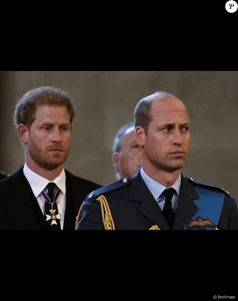 Le prince Harry, duc de Sussex, le prince de Galles William - Intérieur - Procession cérémonielle du cercueil de la reine Elisabeth II du palais de Buckingham à Westminster Hall à Londres. Le 14 septembre 2022