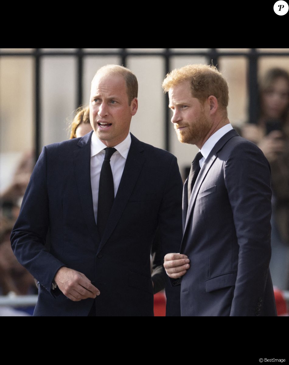 Le prince de Galles William, le prince Harry, duc de Sussex à la rencontre de la foule devant le château de Windsor, suite au décès de la reine Elisabeth II d'Angleterre. Le 10 septembre 2022