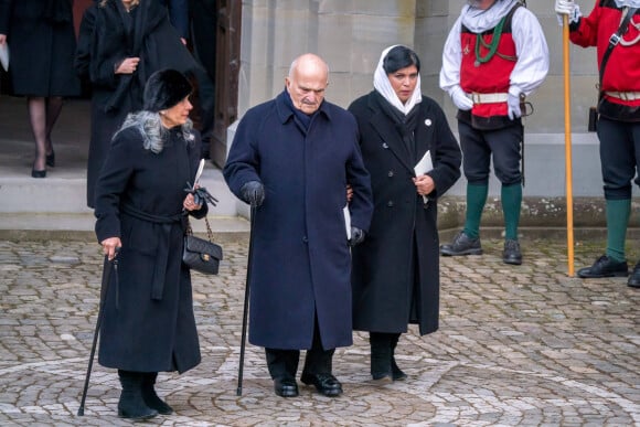 La princess Sarvath al-Hassan, le prince Hassan ben Talal de Jordanie et sa fille la princess Sumaya bint al-Hassan - Service funéraire de Maximilien de Bade au château de Salem, Allemagne, le 13 janvier 2023. © Dana Press/Bestimage 