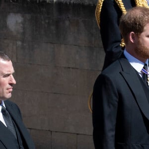 Le prince Harry, duc de Sussex, Peter Phillips, le prince William, duc de Cambridge - Arrivées aux funérailles du prince Philip, duc d'Edimbourg à la chapelle Saint-Georges du château de Windsor, le 17 avril 2021. 