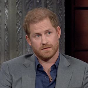 Le prince Harry sur le plateau de l'émission "The Late Show With Stephen Colbert" à New York, le 12 janvier 2023. © JLPPA/CBS/Bestimage 